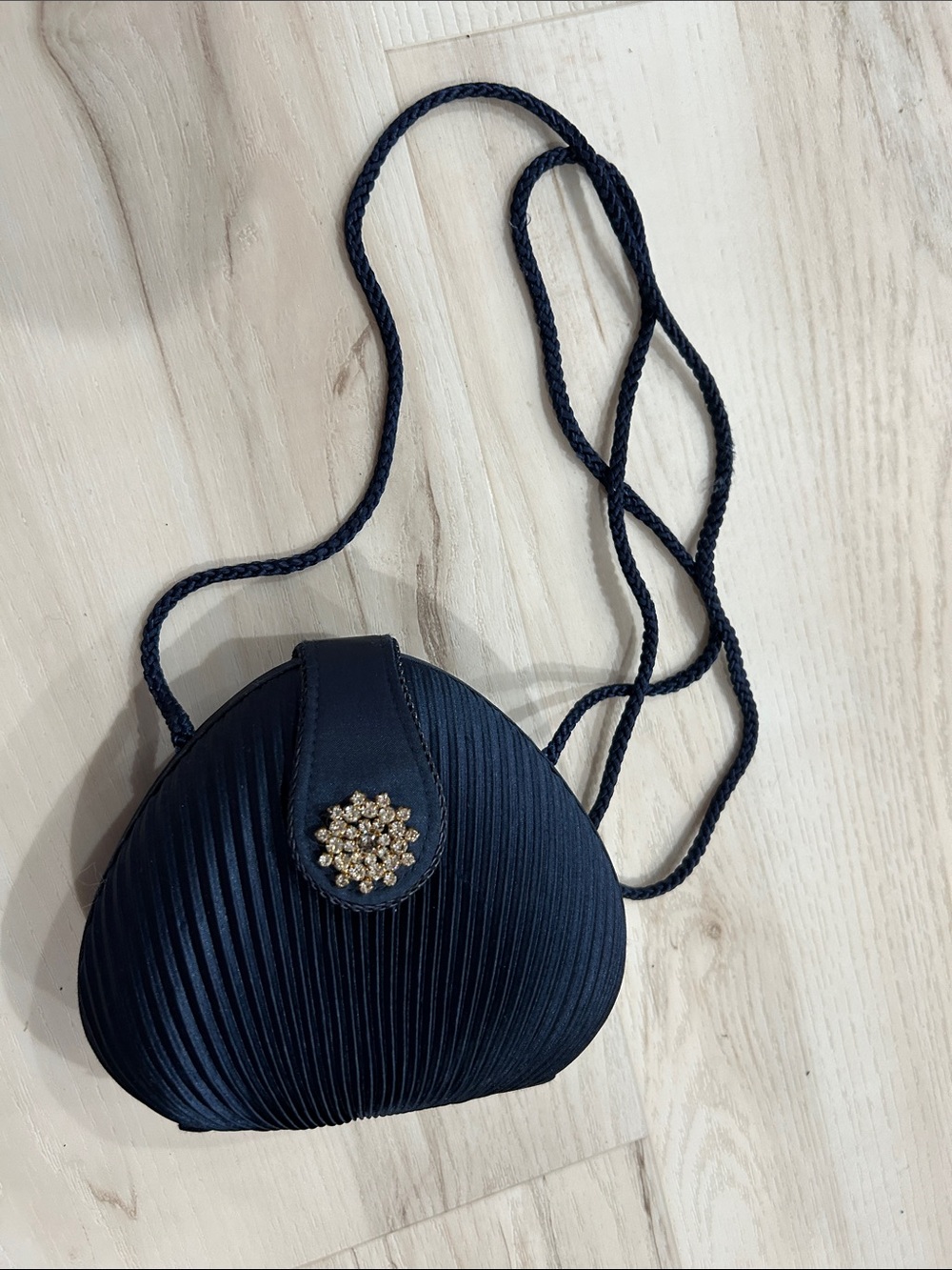 Navy Pleated Shell Crossbody Clutch by Sasha with Crystal Brooch